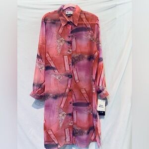 NWT - Maggie Sweet Long Sleeve Sheer Geometric Print Beach Cover-Up - Resortwear